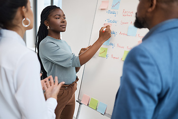 Image showing Black woman, startup schedule and whiteboard writing for company planning with strategy. African female employee, meeting and collaboration report of staff working with teamwork and workshop idea