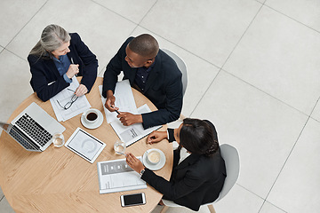 Image showing Top view, team and employees planning, collaboration and brainstorming for new project, discussion and partnership. Coworkers, black man and women share ideas, feedback and meeting with development