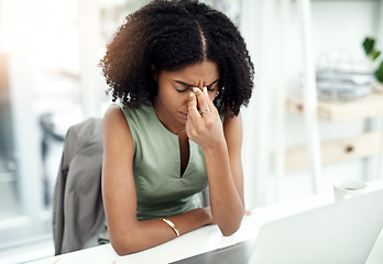 Image showing Stress, anxiety or black woman in company with headache pain from job pressure or burnout fatigue in office. Bad migraine problem, business or tired girl employee depressed or frustrated by deadline