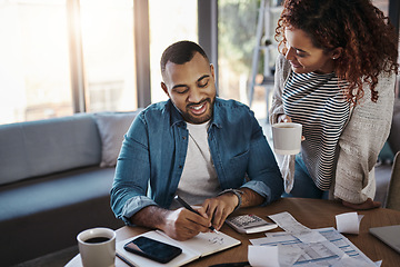 Image showing Couple with list in notebook, budget and finance with financial information of bills and talking about savings and income. Mortgage, insurance and debt, man and woman at table with home bookkeeping