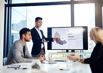 Image showing Presentation, meeting and training with a business man talking to his team in the office boardroom. Finance, workshop and education with an asian coach teaching staff using a graph display at work