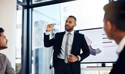 Image showing Presentation, meeting and growth with a business man talking to his team in the office boardroom. Training, seminar and finance with a coach teaching staff using a graph display during a workshop