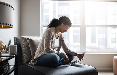 Image showing Girl, tablet and credit card and ecommerce on couch or online shopping, home and paying for product, retail and internet store. Black woman, banking and money for service, digital payment or goods