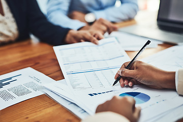 Image showing Business people, hands and writing on document in meeting for corporate finance, budget or expenses at office. Hand of employee in financial planning, paperwork or marketing for company statistics