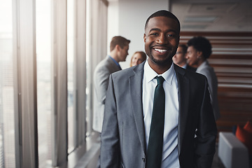 Image showing Corporate black man in business, smile and portrait in leadership, professional and lawyer in meeting. Attorney in conference room, happy and male person with collaboration in company and management