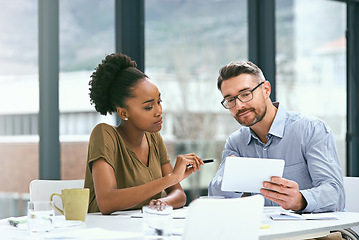 Image showing Meeting, teamwork and employees with a tablet, planning and share ideas for new project, email or social media. Coworkers, partnership or staff with technology, brainstorming or discussion in office