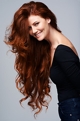Image showing Hair care, portrait of happy red head woman and wellness in background. Beauty salon or hairstyle, cosmetic treatment and female model with natural shine in studio backdrop to promote self love