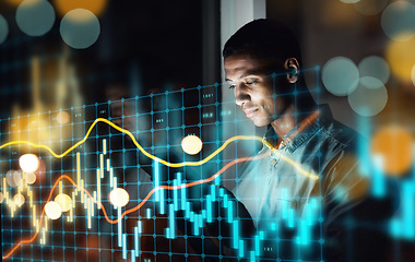 Image showing Businessman, tablet and dashboard at night of stock market, trading or graph and chart data at office. Man trader or broker working late on technology checking digital trends, analytics or statistics