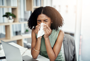 Image showing Blowing nose, tissue or sick black woman in office with virus or worker with allergies, problems or illness. Person sneezing or African girl employee with toilet paper, allergy flu or fever disease