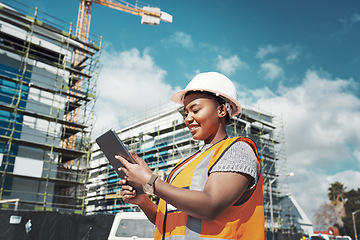 Image showing Outdoor, business an black woman with a tablet, construction site and update schedule for new project. Female person, employee or inspector with technology, check progress or architecture with growth