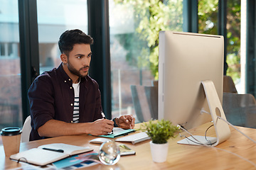 Image showing Graphic designer, computer and man with a drawing pen at desk while online for creativity or editor work. Male entrepreneur person at workplace with internet connection and pad for web design project