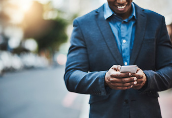 Image showing Business mockup, phone and man in city for networking, online website and social media contact. Communication, mobile app and male person on smartphone for email, research and travel gps in street