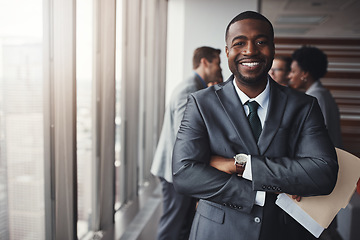 Image showing Black man in business, arms crossed with smile in portrait and leadership, corporate lawyer in meeting. Businessman in conference room, happy male person with confidence in company and management