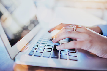 Image showing Hands, laptop and keyboard with person typing or writing article on computer or on the internet for research. Copywriting, seo and employee on the web or technology with pc on digital connection