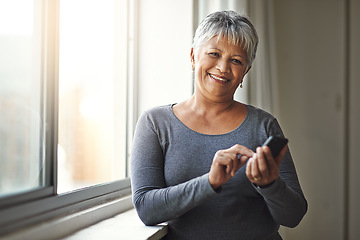 Image showing Happy, phone and and portrait of senior woman texting, message or typing online internet, website or web search. Happiness, retirement and elderly person scroll on social media, app or smartphone ui