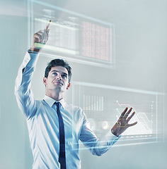 Image showing Hologram, businessman with data analysis and graphs or charts in a white background. Digital transformation or web design, technology software development and confident professional corporate man.