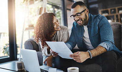 Image showing Couple, budget and finance, taxes with paperwork of financial information, happy with savings and budgeting. Mortgage, insurance and bills, man and woman with tax document and accounting with debt