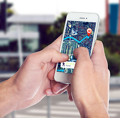 Image showing Smartphone screen, hands and location map for city, urban or road travel or data, direction and route. Mobile, person and app information or ux, journey display or navigation, virtual and guide