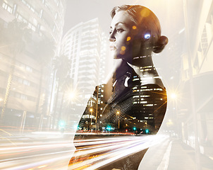 Image showing Double exposure, city and serious woman thinking of fashion and style with buildings of an urban town or cityscape. Overlay, illustration and female person or model at night feeling proud