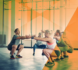 Image showing Personal trainer, fitness and people at gym for squat exercise, workout and training. Athlete men and women group for strong muscle, commitment or power challenge at a club or class with a overlay