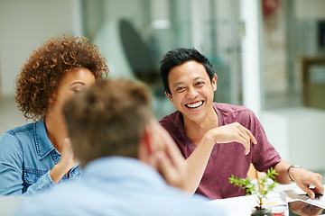 Image showing Laugh, business and man with staff, conversation and planning for a new project, brainstorming and development. Male manager, employees or group with ideas, profit growth and creativity in the office