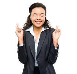 Image showing Corporate woman, excited or fingers crossed in good luck, news or business worker promotion on isolated white background. Smile, happy or wish hands gesture for winner hope or finance bonus on mockup