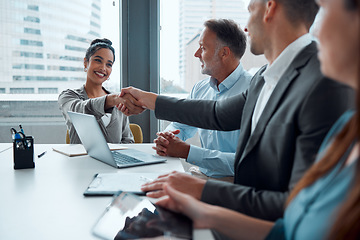 Image showing Business woman, handshake and partnership meeting for b2b interview, contract and thank you in office. Teamwork, corporate tech employees and shaking hands for happy onboarding conversation or deal