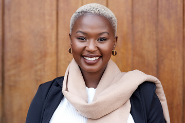 Image showing Fashion, face and portrait of a black woman with a smile, happiness and positive mindset. Headshot of a happy female model person against a wooden wall outdoor in city for travel, business and beauty