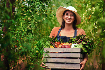 Image showing Farmer, agriculture and portrait of woman with box on farm after harvest of summer vegetables. Farming, female person and smile with crate of green product, food and agro in nature for sustainability