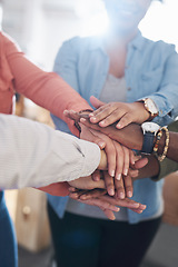 Image showing Hands together, team building and support with diversity, collaboration and creative group at startup. Motivation, solidarity and trust with teamwork, hand stack for goal with people in community