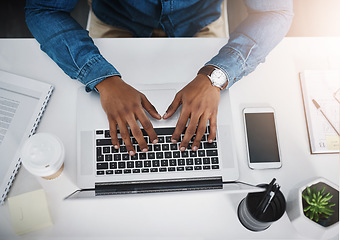 Image showing Business man, hands and laptop with desk typing of a corporate employee with lens flare. From above, office and digital writing of a web worker working on online app and keyboard for a tech design