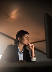 Image showing Thinking, problem solving and night research, woman in office reading email or online report at start up agency. Business, overtime and focus, businesswoman at desk working late on ideas for project.