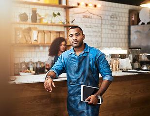 Image showing Waiter, tablet and portrait of man in coffee shop for online, entrepreneurship and startup. Retail, technology and food industry with small business owner in restaurant for barista, store and cafe