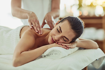 Image showing Relax, happy and massage with woman in spa for wellness, luxury and cosmetics treatment. Skincare, peace and zen with female customer and hands of therapist for physical therapy, salon and detox