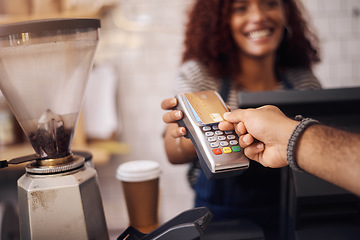 Image showing Credit card, nfc and hands of customer in cafe for b2c shopping, point of sale transaction or finance. Closeup, pos machine and contactless payment, rfid and money in coffee shop, restaurant or store