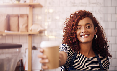 Image showing Portrait of happy woman, waitress service and coffee cup in cafeteria, restaurant shop and small business. Female barista, server and giving cappuccino, drinks and order with smile in food industry