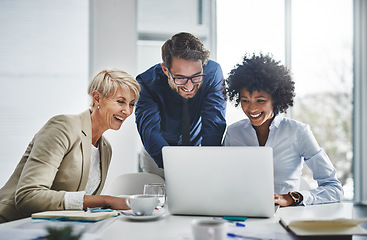 Image showing Discussion, teamwork and business people with a laptop working on company project in the office. Technology, collaboration and team doing corporate research in together with technology in workplace.