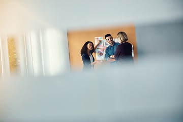 Image showing Presentation wall, manager and team explain creative design ideas, entrepreneurship plan or research report to CEO. Group teamwork, planning meeting and business woman listening to proposal idea