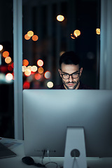 Image showing Night, computer and serious business man in office for internet code, coding or software development. Technology, cloud computing and cyber security with male programmer for app, developer and it