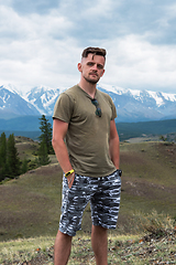 Image showing Relaxing man in Kurai steppe on North-Chui ridge