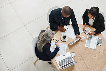 Image showing Top view, staff and group with teamwork, meeting and collaboration for new project. Business people, team and man with women, brainstorming and discussion with review, feedback and share ideas