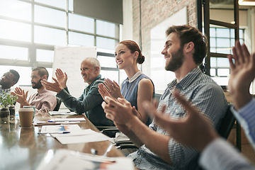 Image showing Meeting, achievement and applause with a business team in the boardroom in celebration of a target or goal. Collaboration, teamwork and support with a group of colleagues clapping in the office