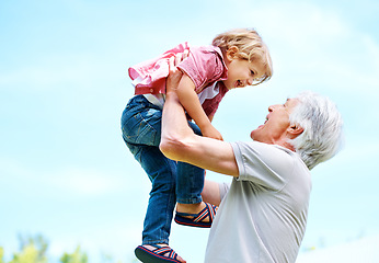 Image showing Happy, lifting and playful with grandfather and grandson for bonding, affectionate and free time. Happiness, fun and playing with old man and young boy for family, generations and carefree mockup