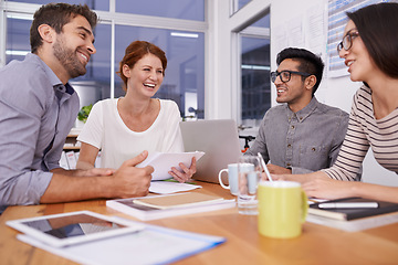 Image showing Team laughing together, creative people in meeting with collaboration and project planning in conference room. Brainstorming, teamwork with young men and women in strategy discussion in workplace