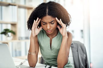 Image showing Stress, anxiety or black woman in office with headache pain from job pressure or burnout fatigue in company. Bad migraine problem, business or tired girl employee depressed or frustrated by deadline