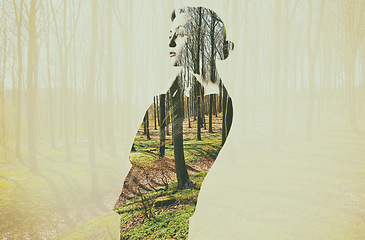 Image showing Forest, double exposure and woman thinking in nature or environment with overlay of woods or trees in the background. Illustration, creative and female person outdoor for creativity and reflection