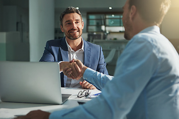 Image showing Business people, handshake and interview success or recruitment, employment and hiring in office. Corporate, men and executive shaking hands with new employee or collaboration on deal or partnership