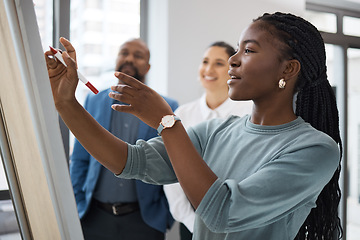 Image showing Black woman, business learning and whiteboard writing for company planning with strategy. African female employee, meeting and sales collaboration of staff working with teamwork and workshop idea