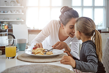 Image showing Mother, child and pancakes for breakfast in a family home with love, care and happiness at a table. A happy woman and girl kid eating food in plate together in morning for health and wellness