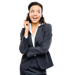 Image showing Corporate woman, excited and ideas finger on isolated white background for finance growth goals, target or future vision. Smile, happy and thinking business worker with financial strategy or planning